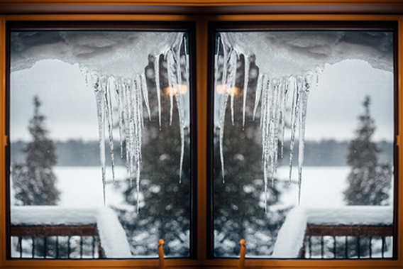 Icicles hanging off of a window looking outside in winter