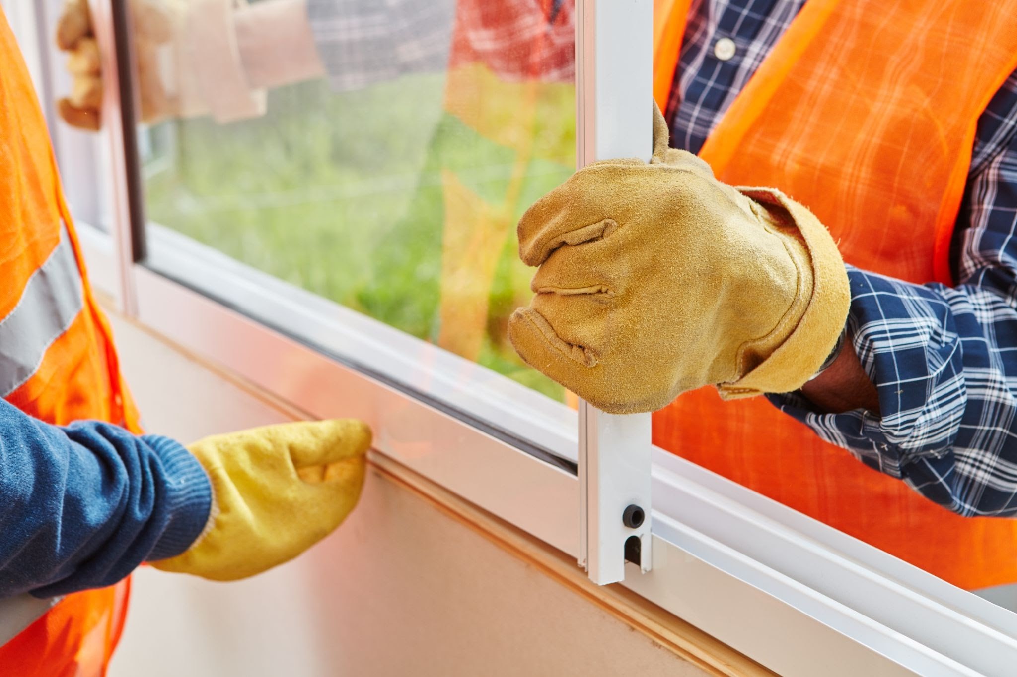 Homebuilders installing a slider window to a constructed house 