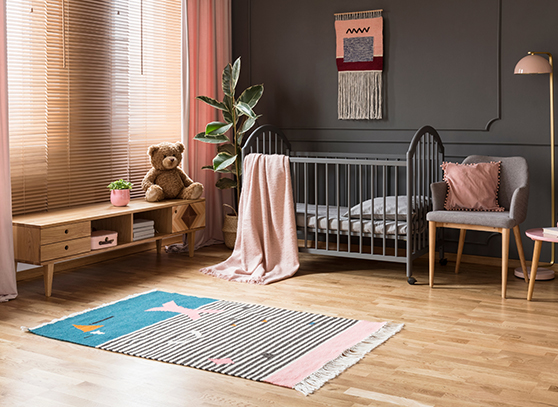 Child’s room with closed window blinds