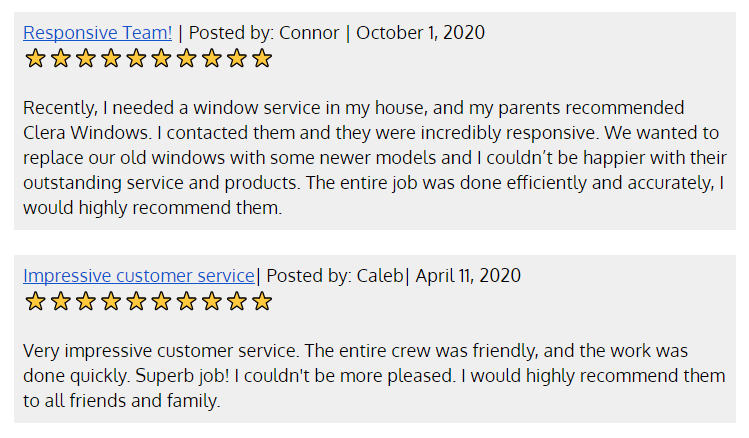 Customer service reviews for Clera Windows + Doors