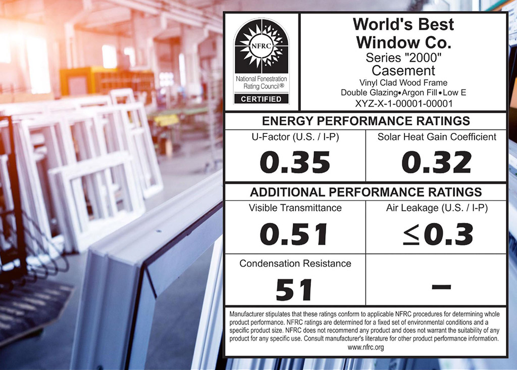 A row of windows and a close-up of the NFRC window label