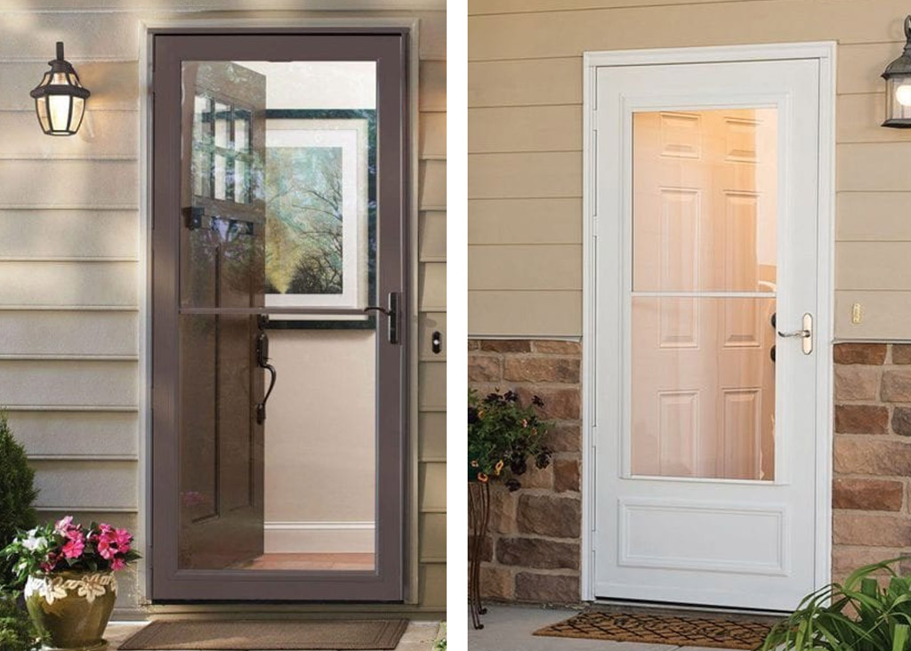 A collage of two storm doors