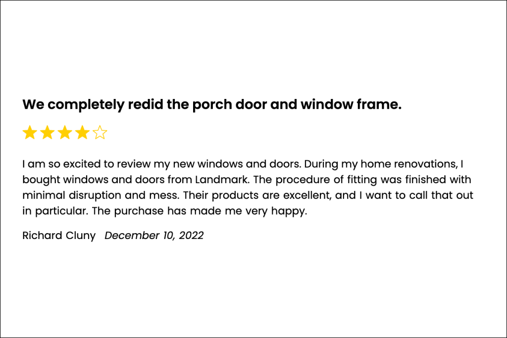 A Landmark Home Solutions review left by a pleased customer who received new windows and doors 