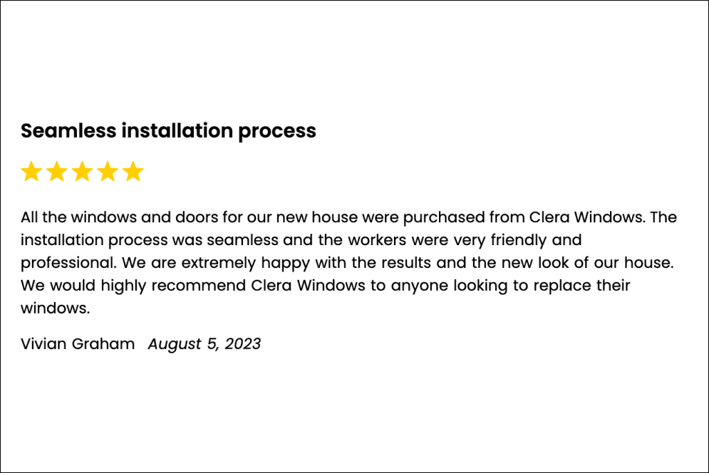 A Clera Windows + Doors review left by a satisfied customer who received a new windows and doors