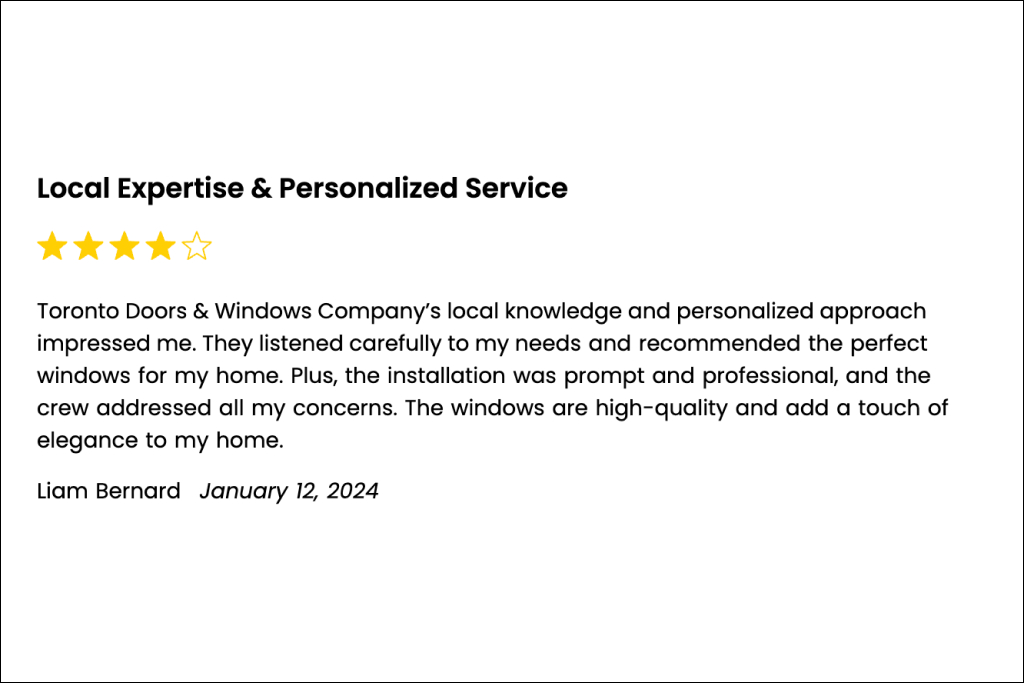 A Toronto Doors & Windows 4-star review about high-quality windows 