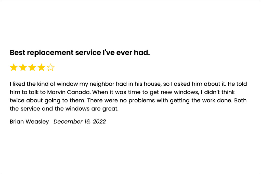 A Marvin Canada customer left positive comments about the company’s windows in their review 